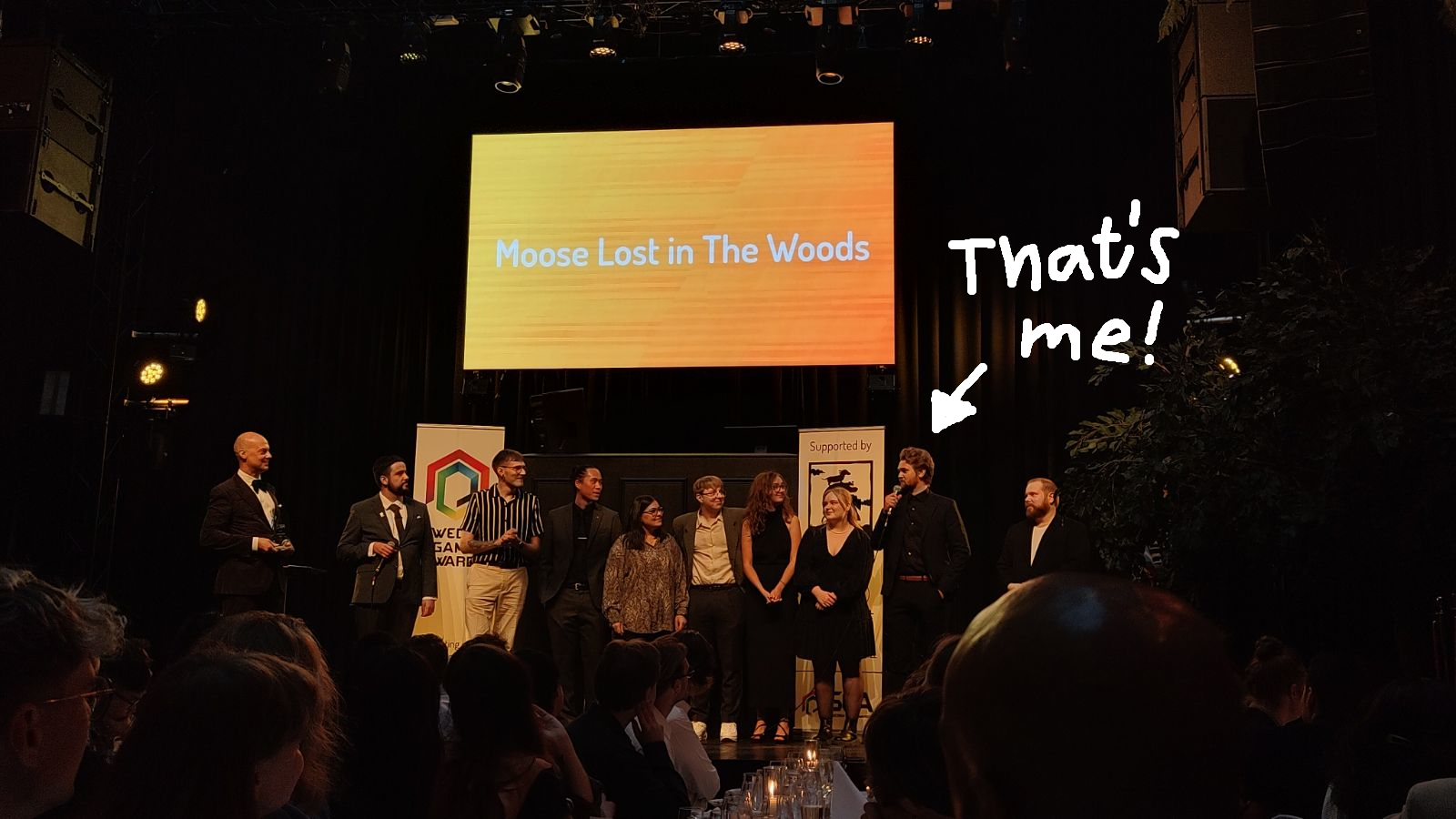 My team and I winning the Gamers' Choice Award at the Swedish Game Awards 2023.
